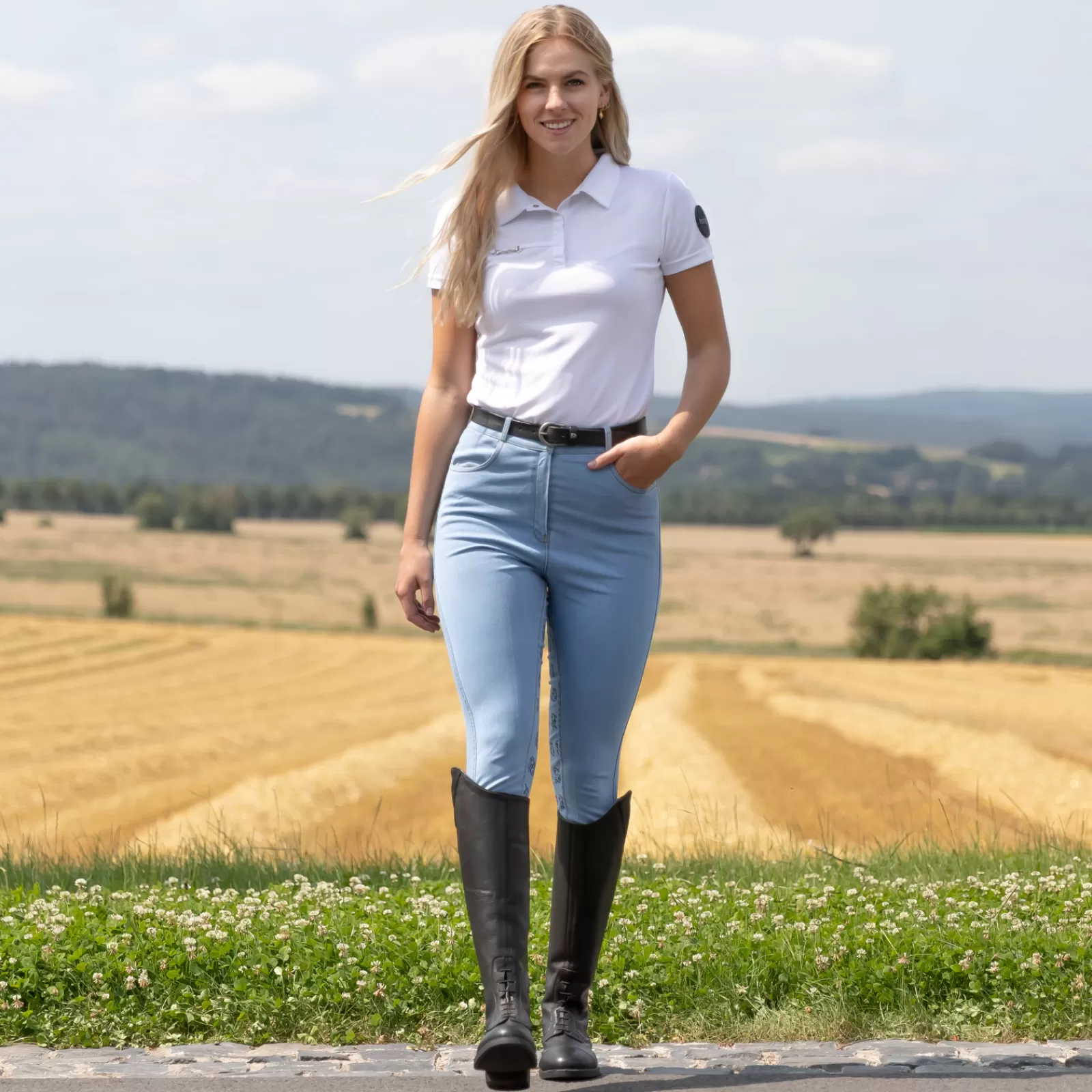 horze Pantalon D'équitation En Jean Taille Haute Fond Integral Silicone, Femme< Pantalons D'équitation Fond Integral